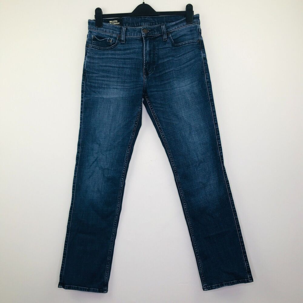 Hollister Men's 32x32 Jeans Blue Medium Wash Whiskered Slim Fit Straight Leg M